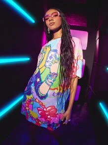 SHEIN X Shana Marie Illustrations Cartoon Graphic Drop Shoulder Oversized Tee Dress SKU: sw221122... | SHEIN