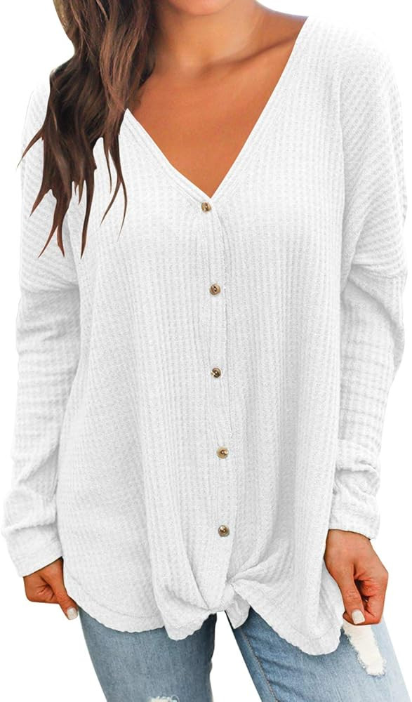 MIHOLL Womens Loose Blouse Short Sleeve V Neck Button Down T Shirts Tie Front Knot Casual Tops | Amazon (US)