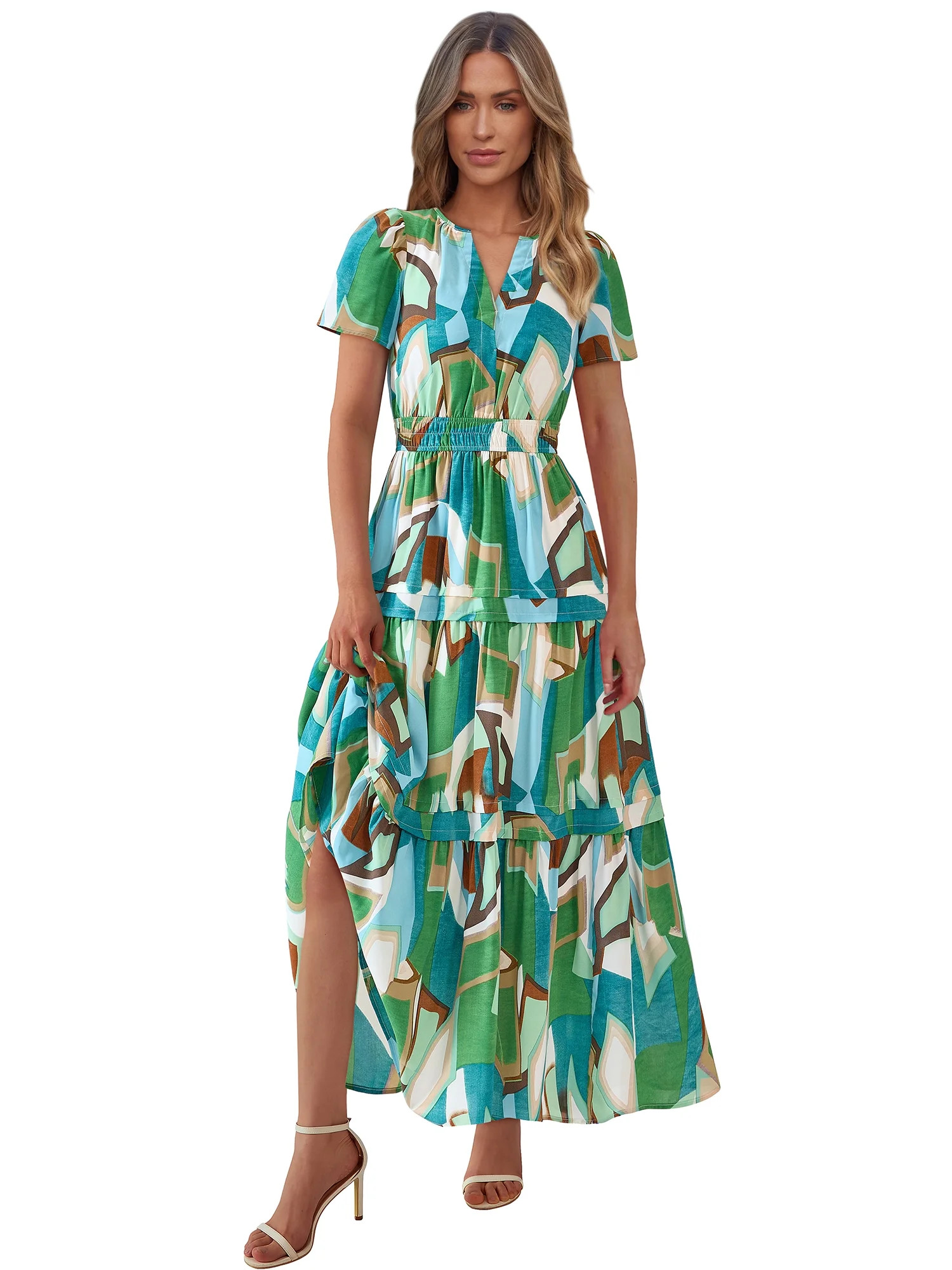 PRETTYGARDEN Women's Tiered Maxi Dress with Short Sleeves, Sizes S-XXL | Walmart (US)