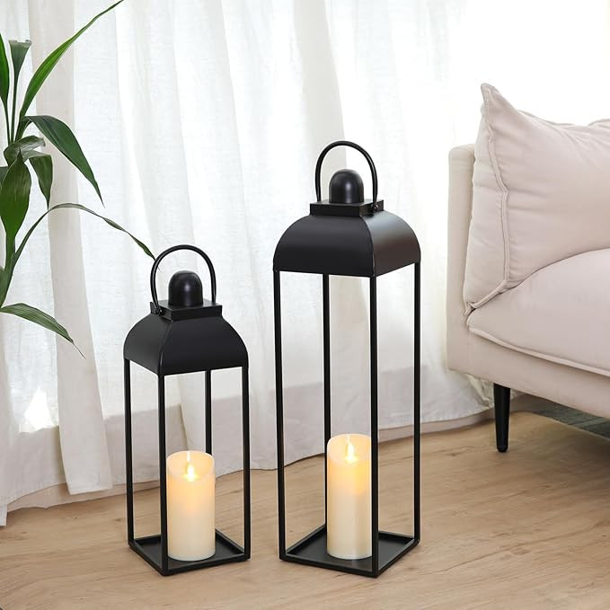 MATAHUM 25'' 19'' Lanterns Decorative Outdoor Indoor, Black Metal Outdoor Candle Lanterns, Set of... | Amazon (US)