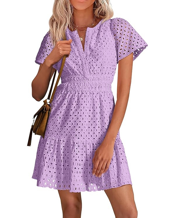PRETTYGARDEN Women's 2026 Summer Mini Dress Short Sleeve V Neck A Line Hollow Out Lace Ruffle Cut... | Amazon (CA)