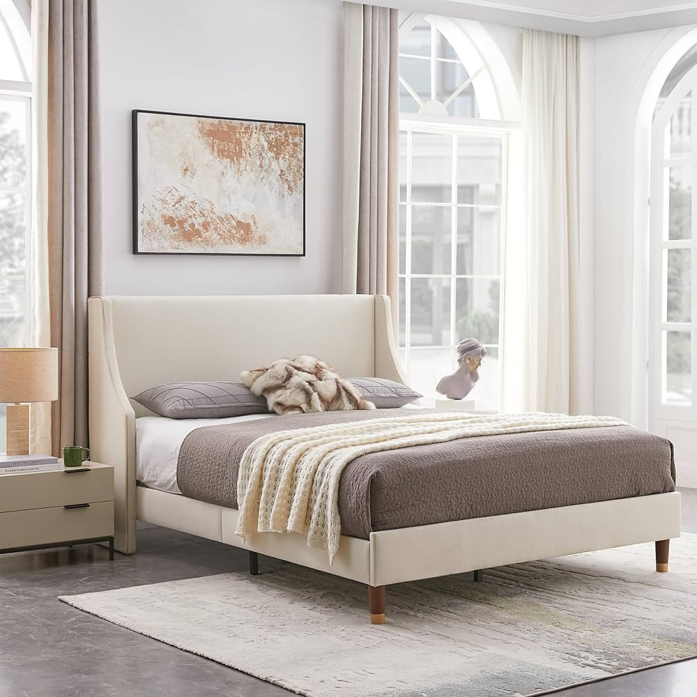 Queen-Size upholstered Platform Bed Frame, wingback headboard with Gold Lines, Wooden Slat Suppor... | Amazon (US)