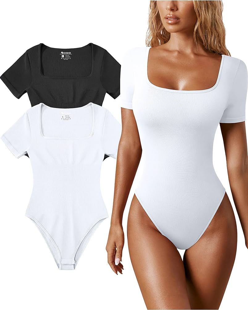 OQQ Women's 2 Piece Bodysuits Sexy Ribbed One Piece Square Neck Short Sleeve Bodysuits | Amazon (US)