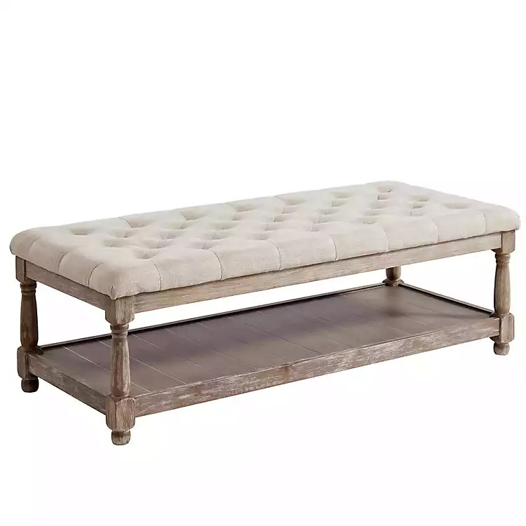 Beige Tufted Linen and Wood Bench | Kirkland's Home