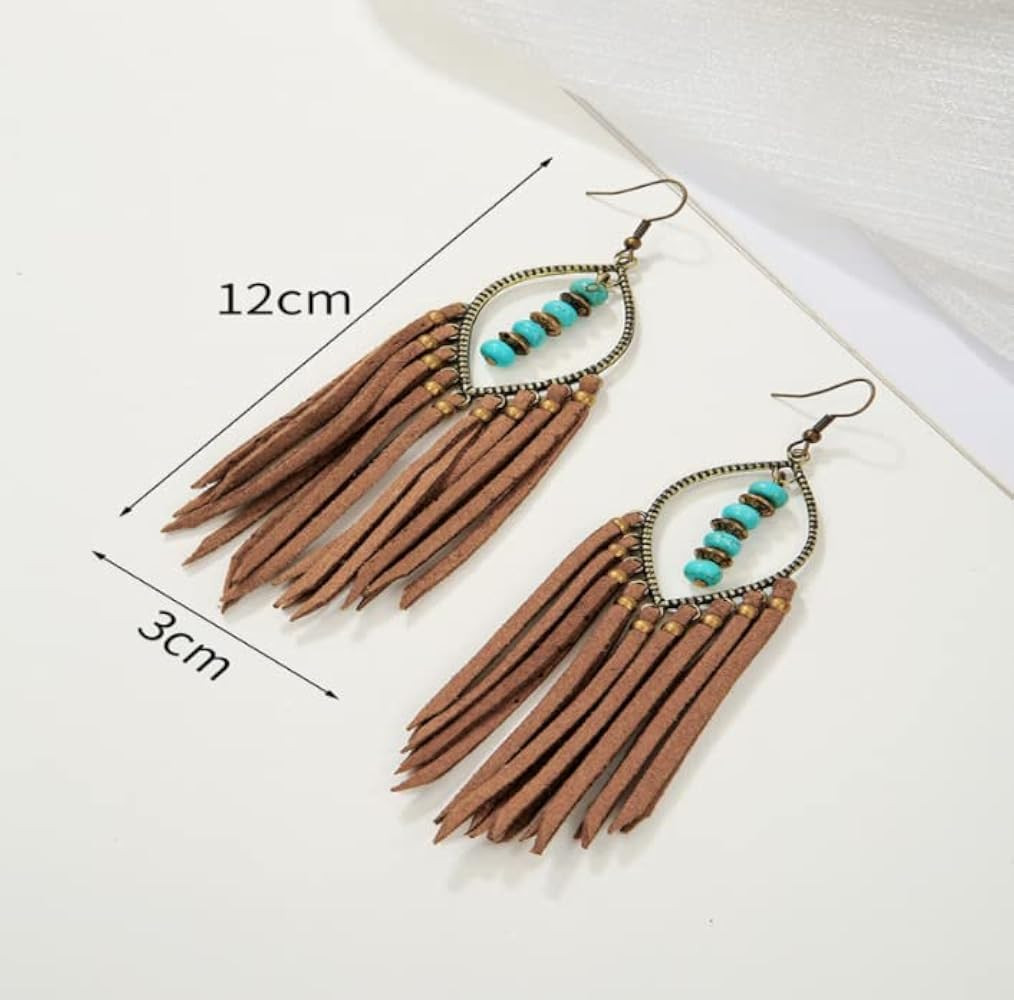 Bohemian Fringe Leather Earrrings Handmade Tassel Earrings with Turquoise Long Dangle Earrings fo... | Amazon (US)
