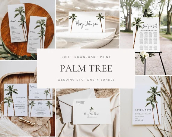Palm Tree Wedding Invitation Template Bundle Printable - Etsy | Etsy (US)