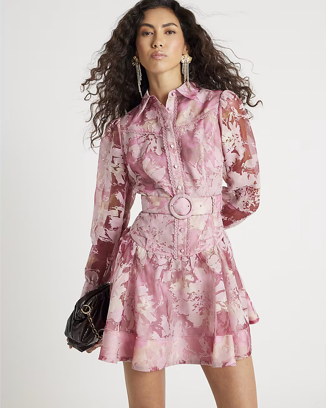 Pink Premium Floral Belted Mini Dress | River Island UK & IE