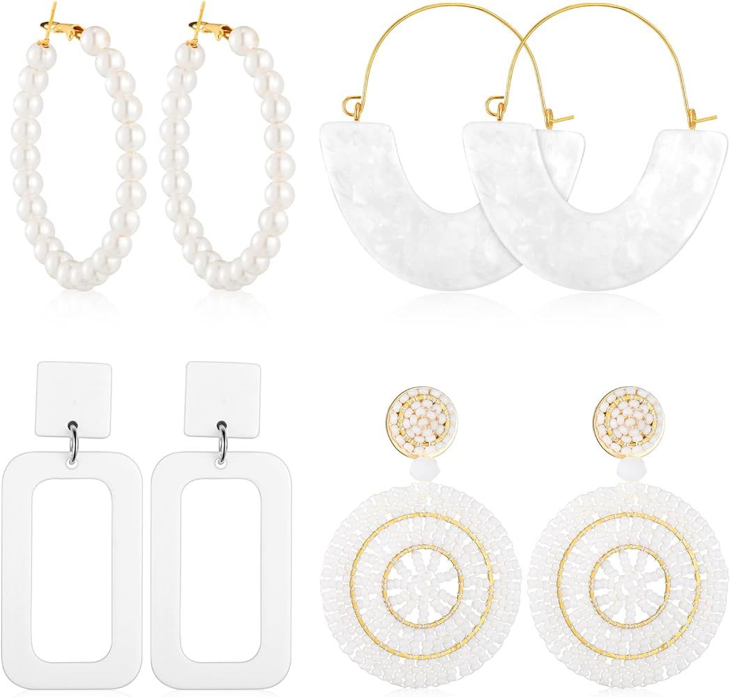 MTLEE 4 Pairs White Earrings for Women Layered Tassel Dangle Earrings Bohemian Geometric Earrings... | Amazon (US)