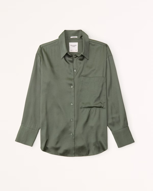 Long-Sleeve Oversized Satin Button-Up Shirt | Abercrombie & Fitch (US)