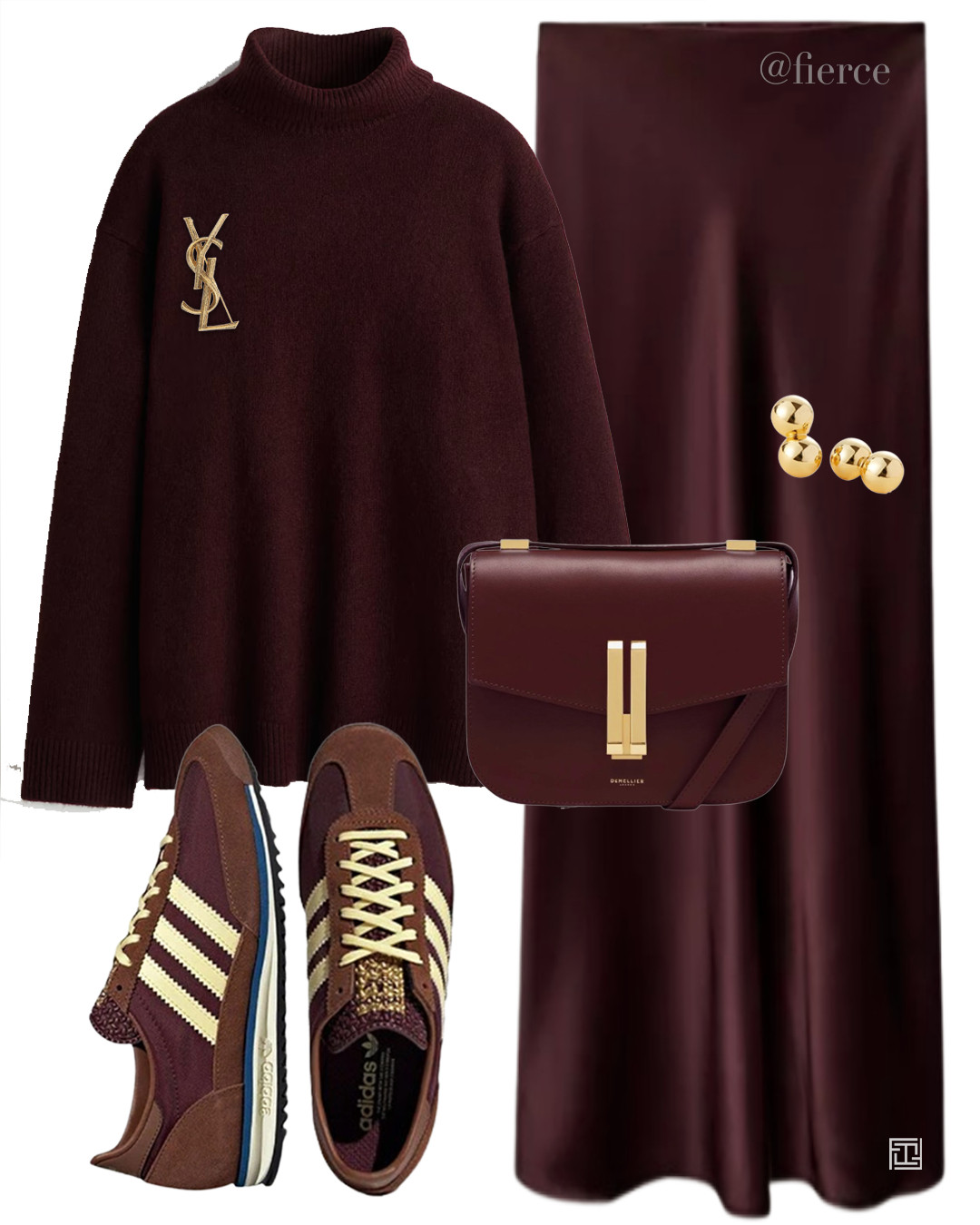 burgundy satin skirt burgundy roll neck jumper burgundy adidas sl72 sneakers trainers ysl brooch burgundy cross body bag casual chic look 

 #LTKuk #LTKautumn #LTKwinter