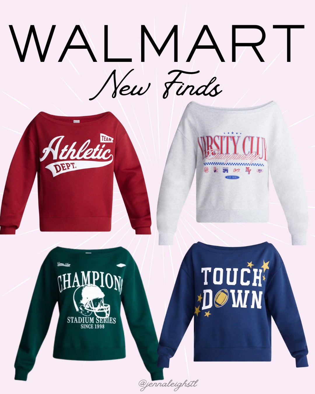 New at Walmart! It's hard to believe football season is right around the corner, and this No Boundaries off-the-shoulder sweatshirt is the perfect game day piece. Pair it with jeans, shorts, or a skort for an easy, cute look you'll be reaching for all season long. 

 #LTKootd #LTKSeasonal #LTKMidsize
