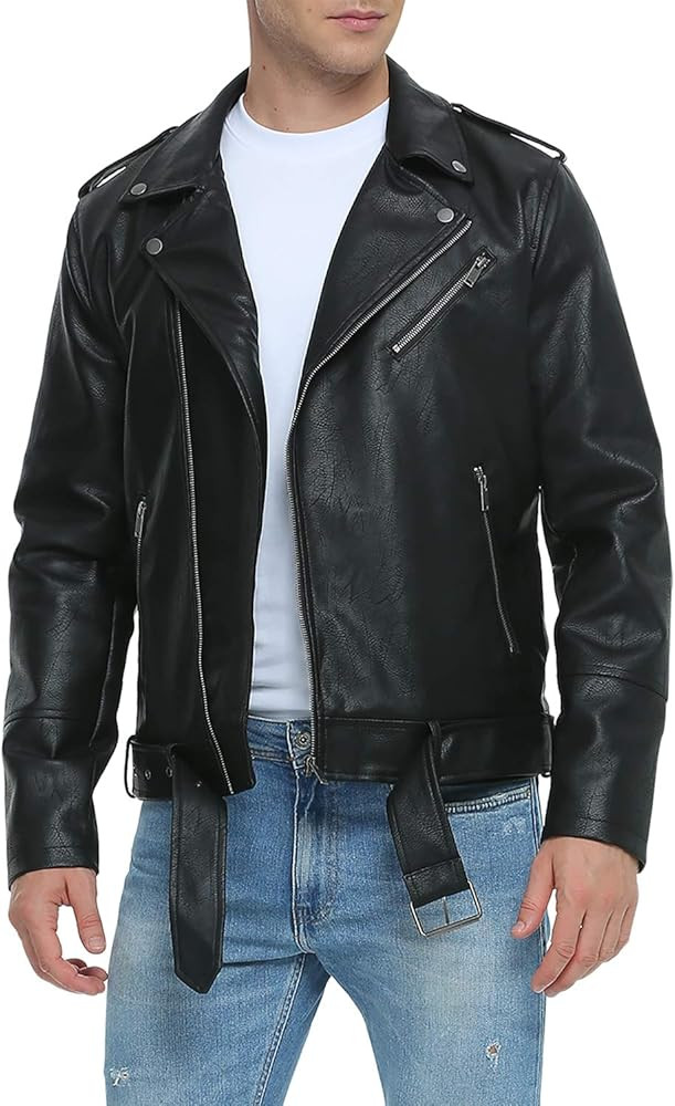 Fahsyee Leather Jackets for Men, Faux Bomber Jacket Mens Motorcycle Lapel Asymmetric Zip-Up Belt ... | Amazon (US)