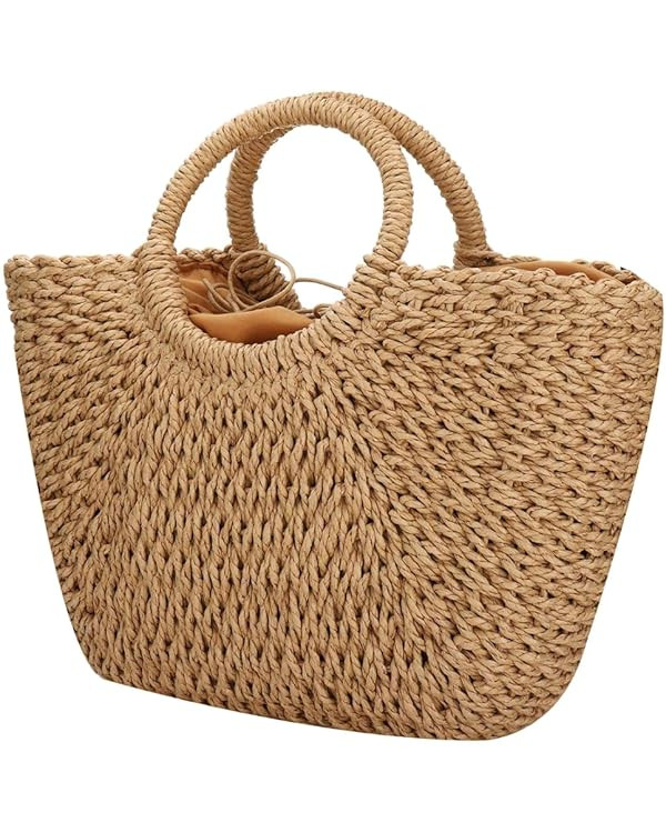 Women Summer Beach Bag, Straw Handbag Top Handle Big Capacity Travel Tote Purse Hand Woven Straw ... | Amazon (US)