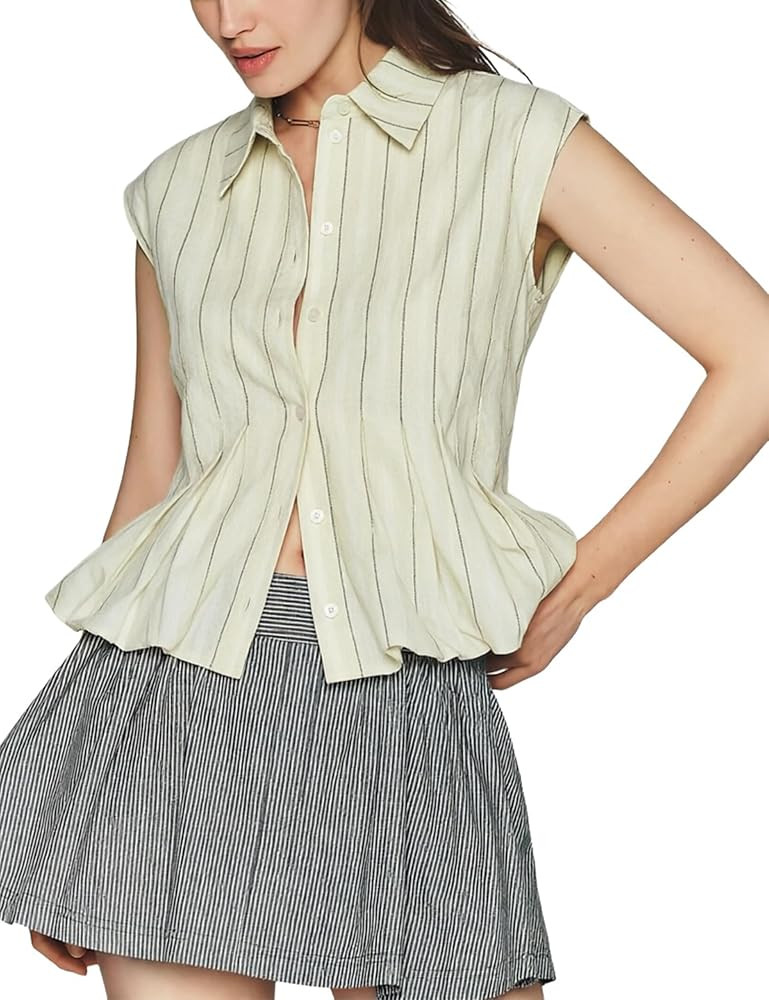 Women Striped Peplum Blouse Bubble Hem Shirt Casual Tops | Amazon (US)