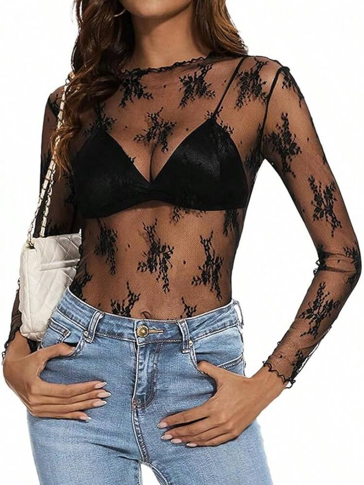 Womens Lace Mesh Long Sleeve Top Floral Sheer See Through Sexy Tops Mock Neck Shirts Party Club Night Blouses | SHEIN