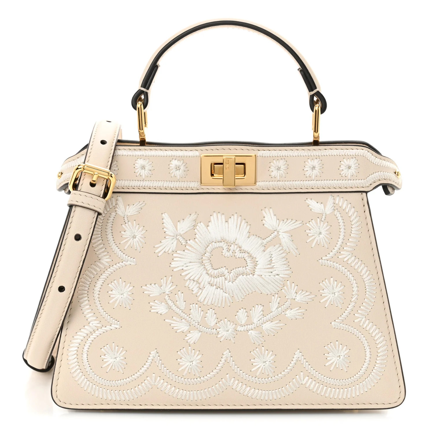 Fendi Vitello Seta Shiny Nappa Floral Embroidered Petite Peekaboo I SEE U Satchel Camelia White I... | FASHIONPHILE (US)