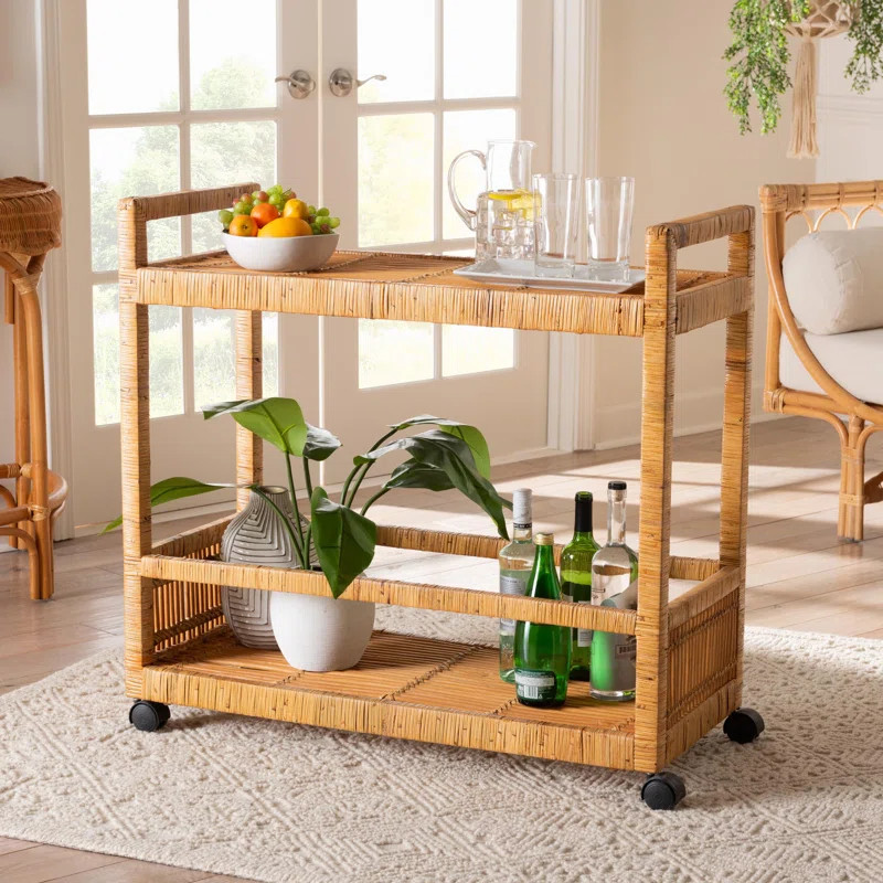 Bali & Pari Iliyana Modern Bohemian Natural Brown Rattan And Teak Wood 2-Tier Kitchen Cart | Wayfair North America