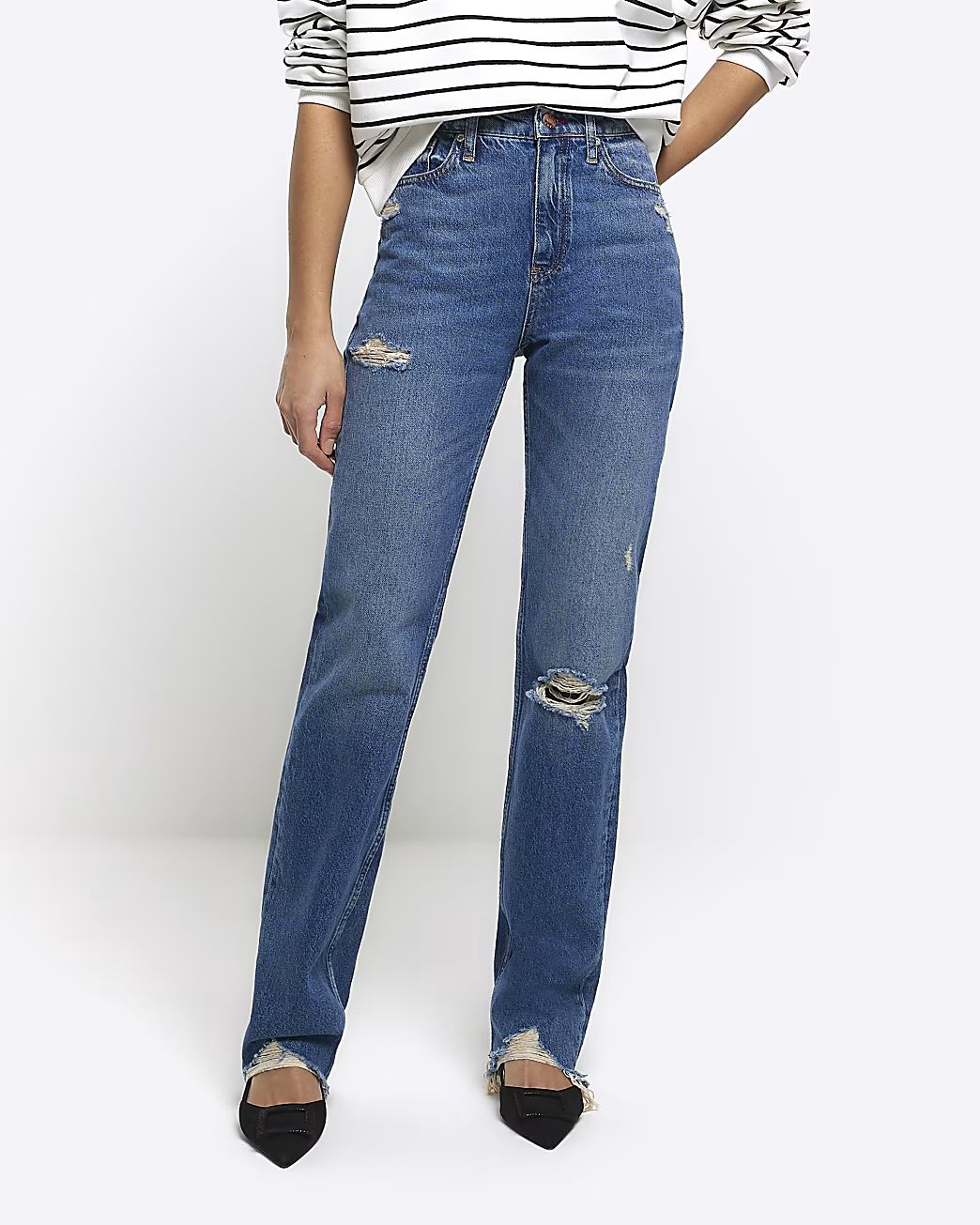 Blue stove pipe straight ripped jeans | River Island (UK & IE)