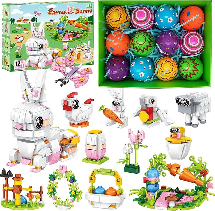 Prefilled Easter Eggs with Easter Bunny Building Blocks Toy Set - 12 in 1 Rabbit Building Kit, Ea... | Amazon (US)