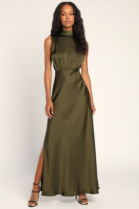 Classic Elegance Olive Satin Sleeveless Mock Neck Maxi Dress - Fall Wedding Guest Dress | Lulus (US)