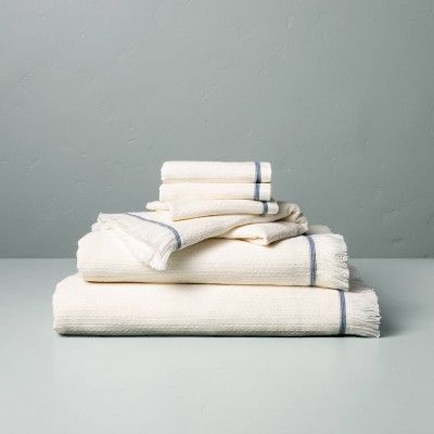 Textured Border Stitch Bath Towels Cream/Faded Blue - Hearth & Hand™ with Magnolia | Target