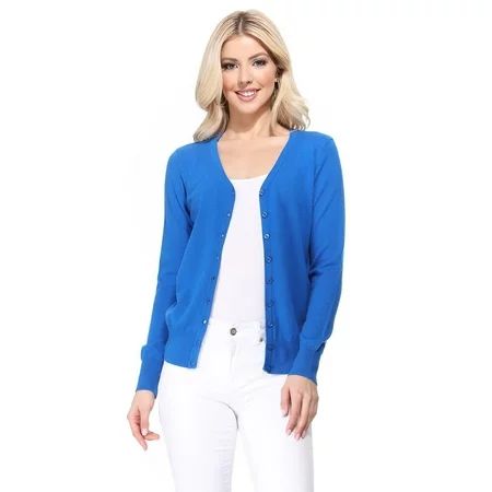 YEMAK Women s Long Sleeve V-Neck Button Down Soft Knit Cardigan Sweater MK5178-Royalblue-XL | Walmart (US)