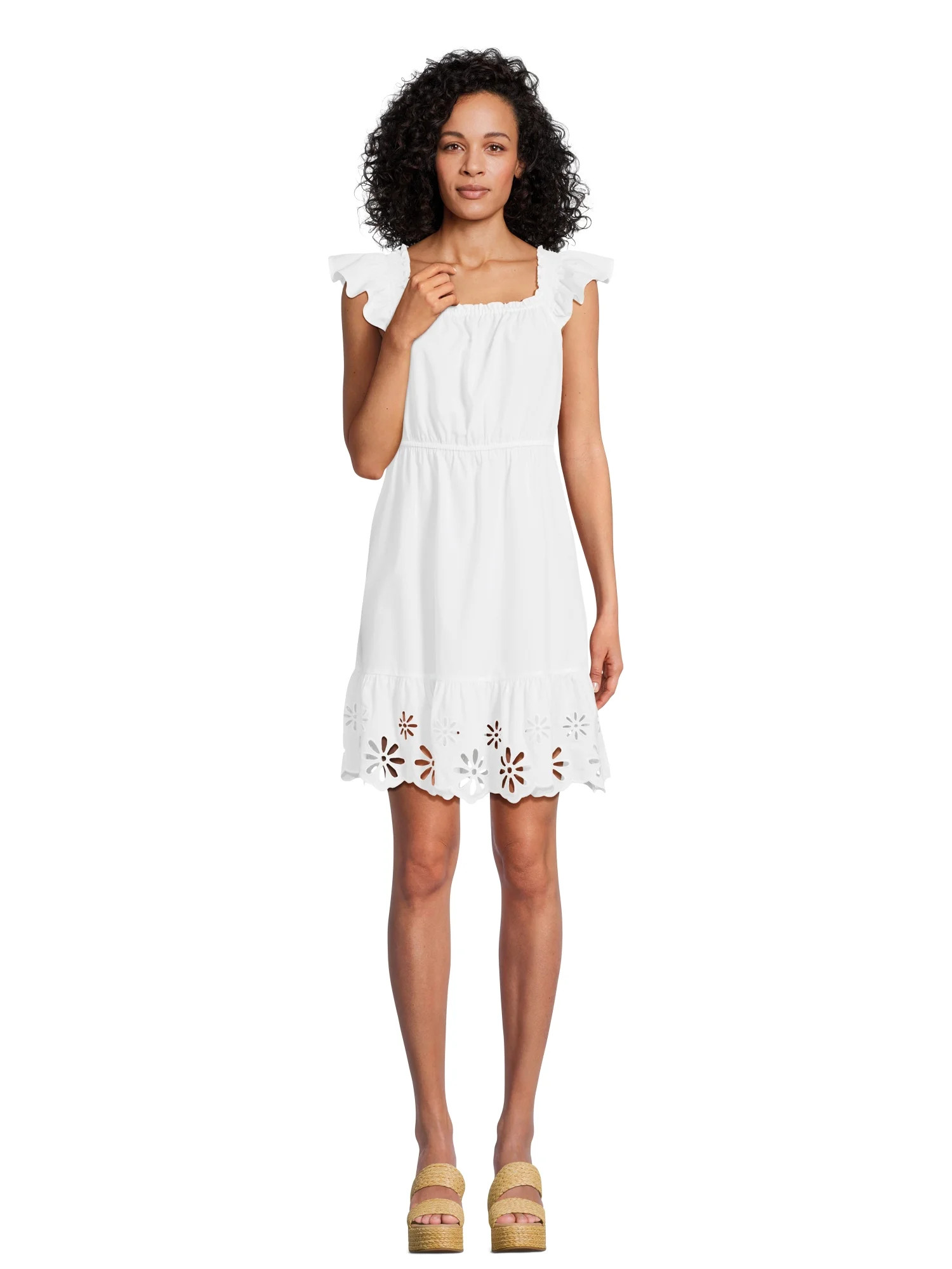 Time and Tru Women's Square Neck Eyelet Trim Mini Dress, Sizes XS-XXXL | Walmart (US)