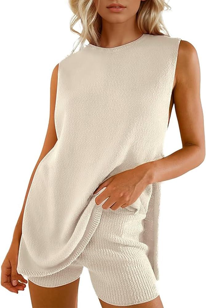 Yimoon Women’s Summer Sweater Set 2 Piece Beach Vacation Outfits Sleeveless Tunic Top Matching ... | Amazon (US)