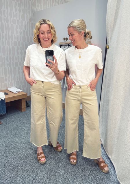 Recent Evereve Try On: white tee (which we loved if you need a basic) and these wide leg off white raw hem jeans. Light color for summer and looked great on Allison and Gretchen! Run tts. Allison (left) in a 29 and Gretchen (right) in a 27.

#LTKSeasonal #LTKstyletip #LTKover40