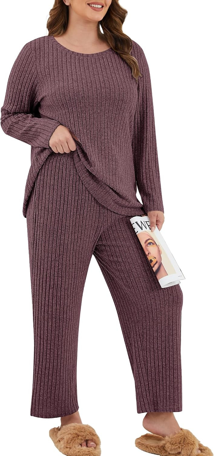 Womens Plus Size Lounge Pajamas 2 Piece Pj Sets Soft Long Sleeve Ribbed Tops Wide Leg Pants with Pockets | Amazon (US)