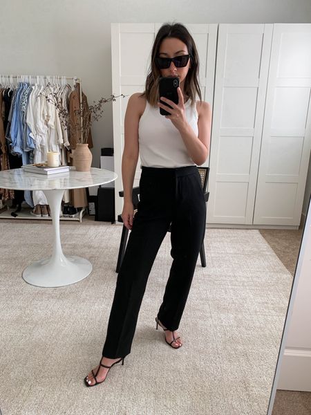 J.crew Kate trousers. Straight leg with length that’s actually petite-friendly! Amazing trousers. 

Tank - Free Assembly small
Pants - J.Crew petite 0
Heels - Schutz 5 (old)
Sunglasses - YSL