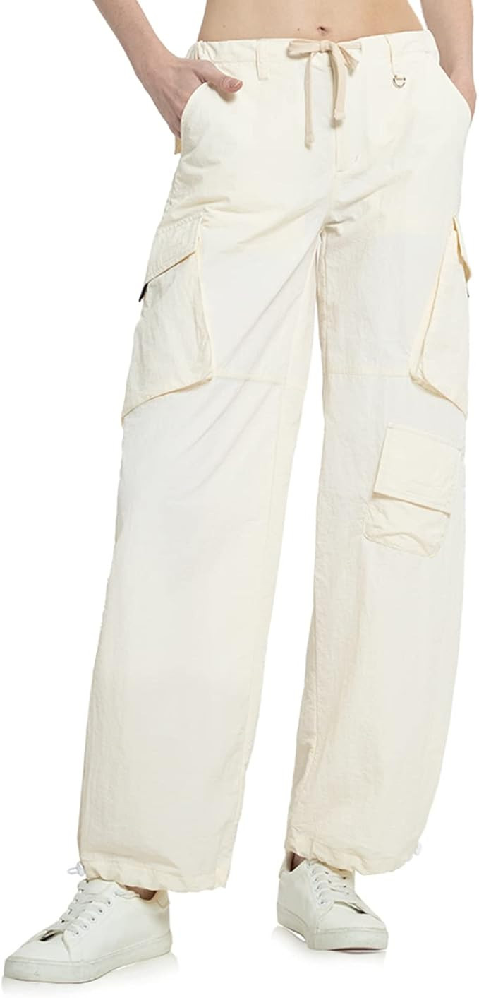 Parachute Pants for Women Baggy Cargo Pants Women Low Waisted with Pockets Drawstring Y2K Pants | Amazon (US)