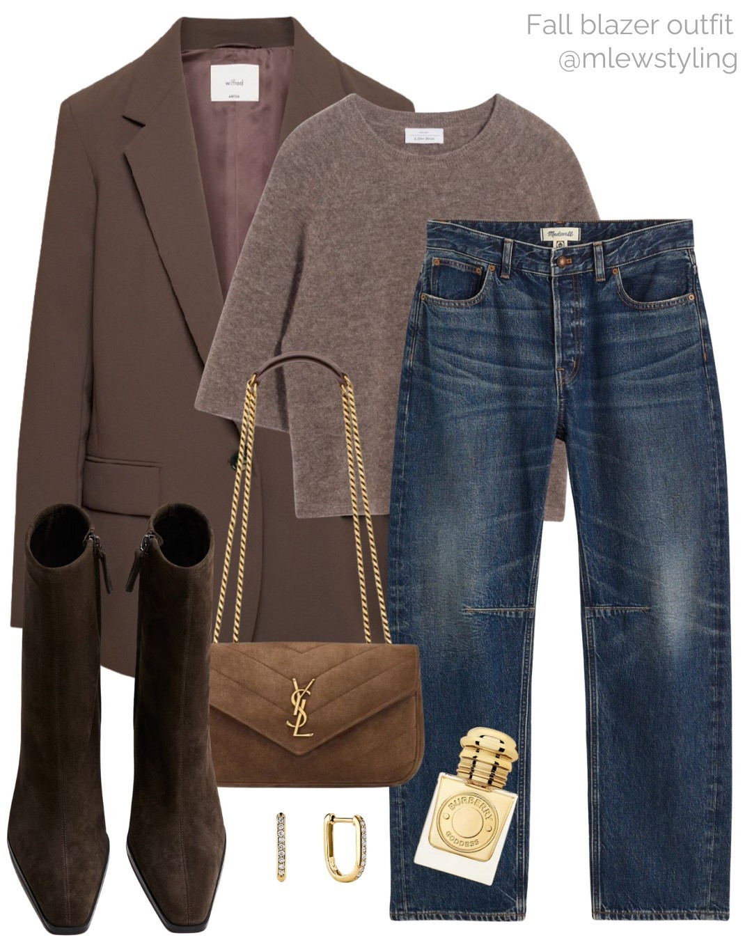 Elevated outfit for the weekend with barrel leg jeans and espresso brown ☕️🤎

Tags: aritzia brown blazer, short sleeved sweater, madewell barrel jeans, ysl quilted shoulder bag, brown suede boots, Mejuri u shaped earrings, Sephora Burberry perfume, neutral aesthetic, autumn outfit, fall knit 