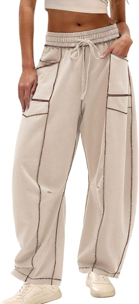 Athlisan Womens Baggy Barrel Pants Wide Leg Lounge Drawstring Sweatpants with Pockets | Amazon (US)