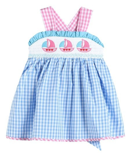 Lil Cactus Blue Gingham Embroidered Sailboat Sleeveless Smocked Dress - Infant, Toddler & Girls | Zulily