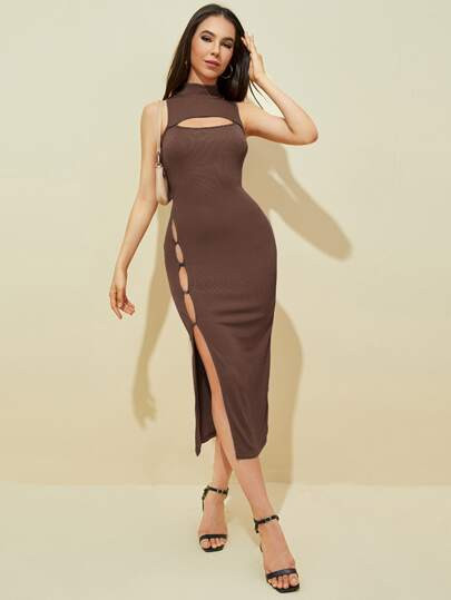 SHEIN Mock Neck Cut Out Split Thigh Dress | SHEIN