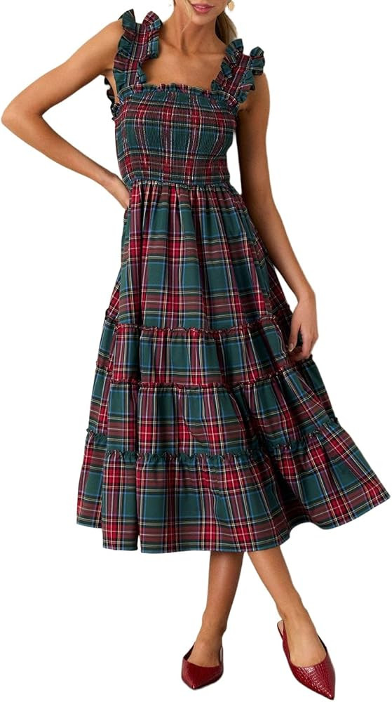 Women Plaid Gingham Maxi Dress Ruffle Smocked Square Neck Tiered Christmas Tank Long Dresses Slee... | Amazon (US)