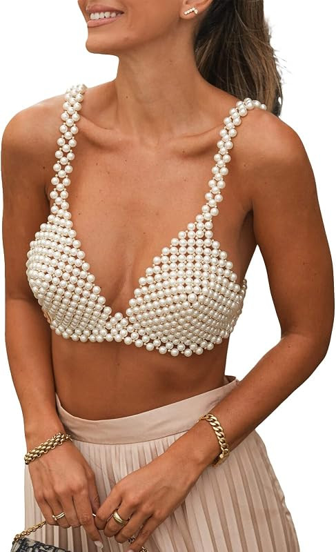 Women Sexy Pearls Beaded Cami Top Pearl Crop Top Spaghetti Strap Bra Cover up Top Tank Top Party ... | Amazon (US)