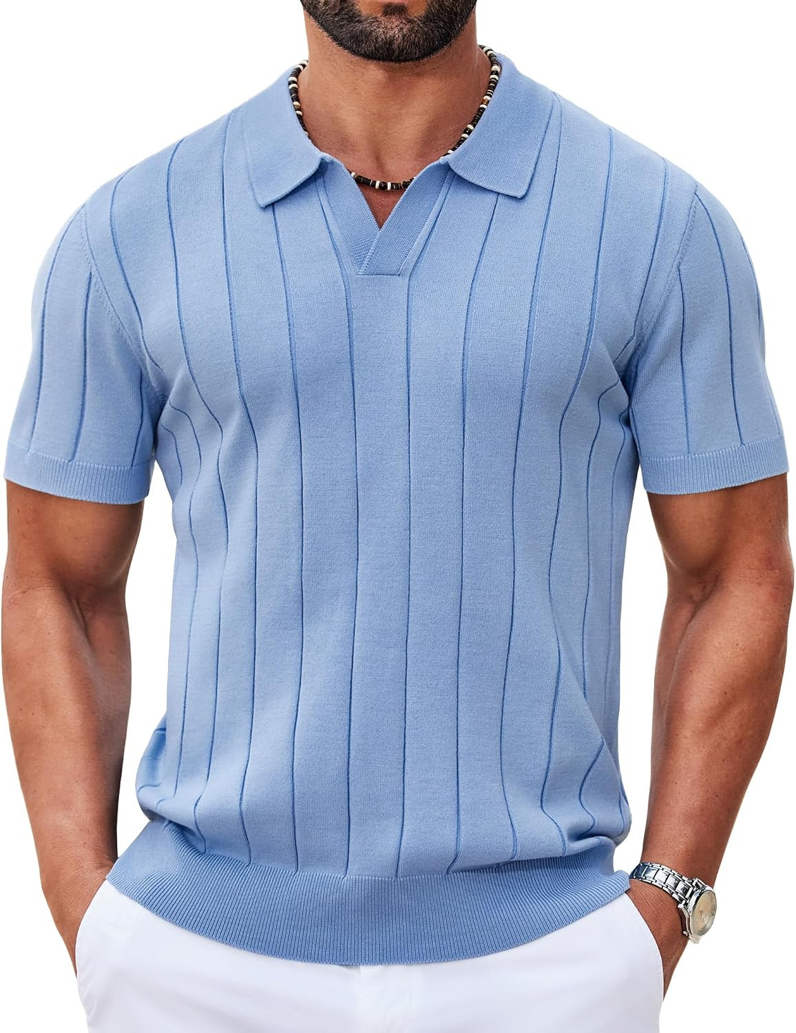 COOFANDY Mens Polo Shirts Short Sleeve V Neck Knit Shirts for Men Casual Old Money Clothes Mens Golf Shirt | Amazon (US)