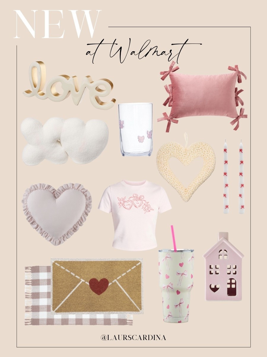 New arrivals from Walmart include a “love” decorative object, heart pillows, a pink pillow, glasses with pink bows, a heart graphic tee, candles, door mats, insulated cup, and a ceramic house.

Home decor, Valentine’s Day decor, affordable home, Walmart home

#LTKHome #LTKFindsUnder50