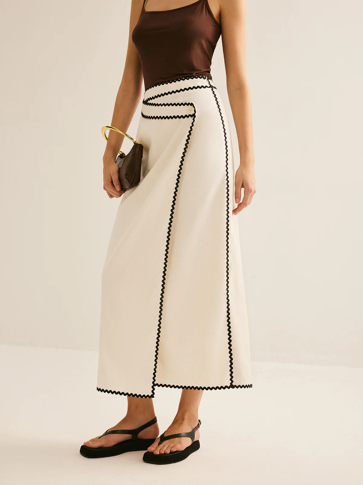 Cotton & Linen Wave Trim Midi Skirt | Commense