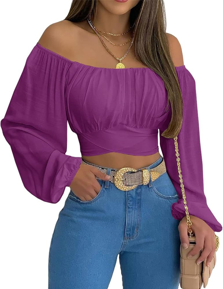 MIRACMODA Woman Off Shoulder Ruched Tie Back Crop Top Summer Lantern Sleeve Boho Shirt Blouse | Amazon (US)