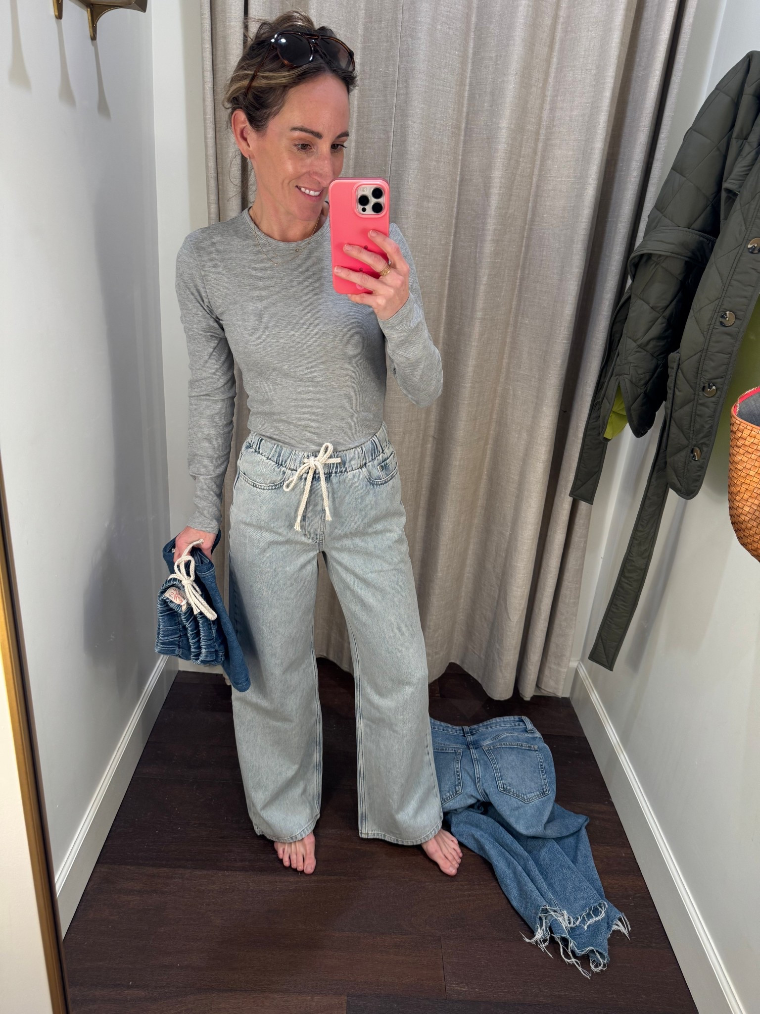 Spring jeans for women | jeans with a tie waist | light color jeans for women | high waisted pull on jeans | spring break outfit 

#LTKdayinmylife #LTKSeasonal #LTKootd