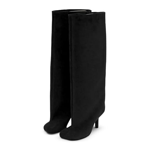 Wnshonzy Suede Knee High Boots for Women Wide Calf Square Toe Tall Black Stiletto Kitten High Heels Thigh Long Soft Fall Boot Pull on Fashion Casual Cute Y2K | Amazon (US)