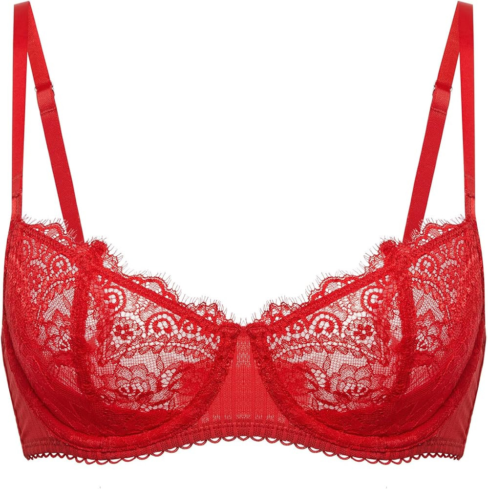 DOBREVA Women's Sexy Lace Push Up Plus Size Bra Sheer Balconette Underwire Unlined | Amazon (US)
