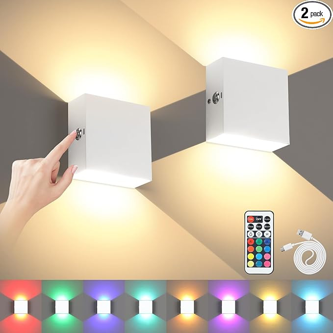 Rechargeable Wall Sconces with Remote Control Set of 2, Battery Wall Lights Colored, Dimmable LED... | Amazon (US)