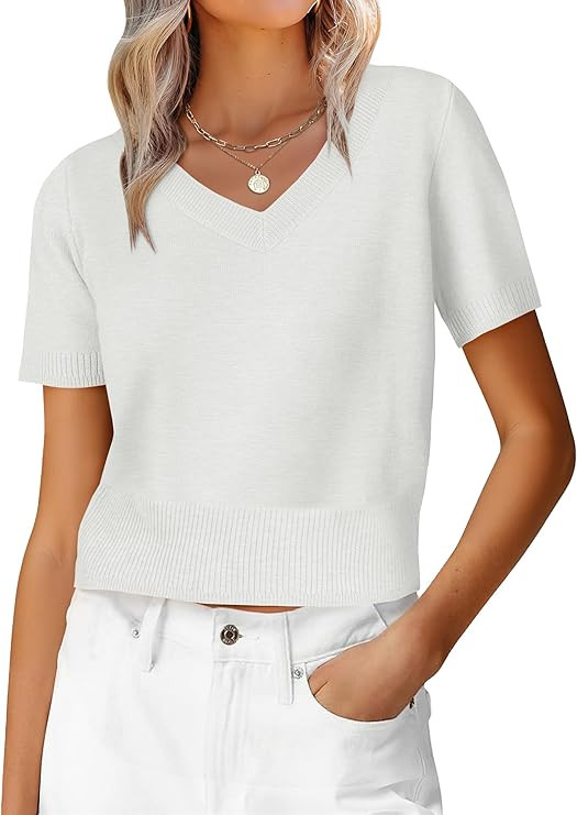 ANRABESS Womens Short Sleeve Sweaters Cropped V Neck Business Casual Lightweight Sweater Tops Sum... | Amazon (US)