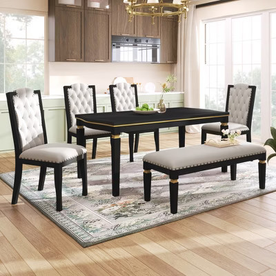 Retro 6 Pieces Kitchen Dining Table Set, Wood Rectangular Table and 4 High-Back Tufted Chairs & 1 Bench, Black | Target