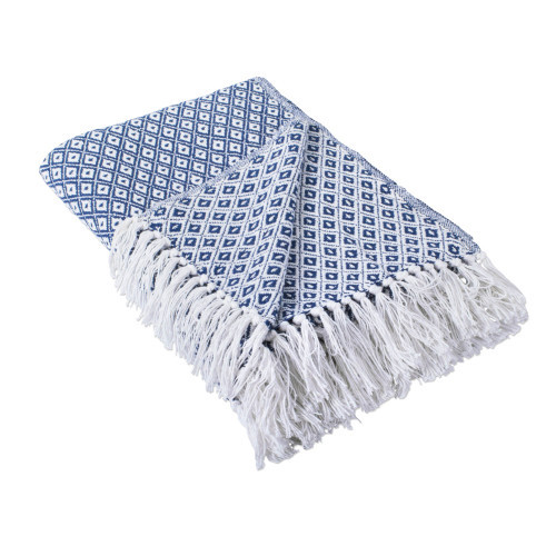 60" Blue and White Rectangular Diamond Patterned Cotton Throw | Christmas Central