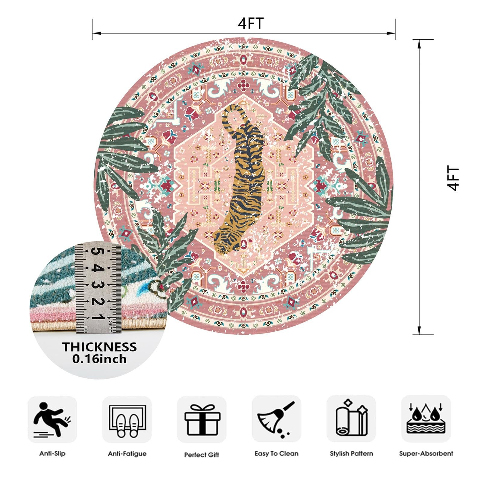 Washable Pink Rugs Thin Oriental Boho Vintage Cute Tropical Leopard 4ft Round Area Rugs for Bedro... | Amazon (US)